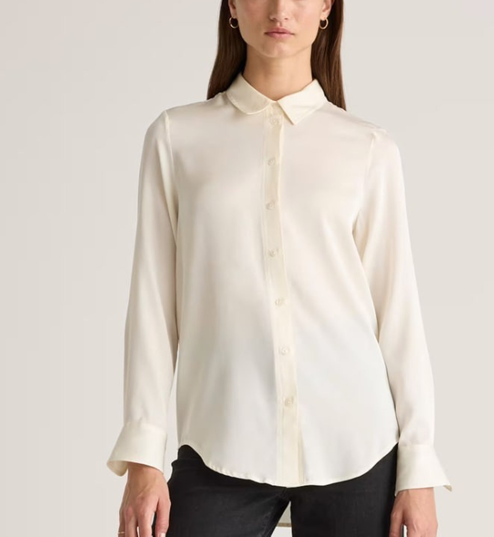 Quince Washable Stretch 100% mulberry Silk Notch Collar Blouse ivor Small A10601